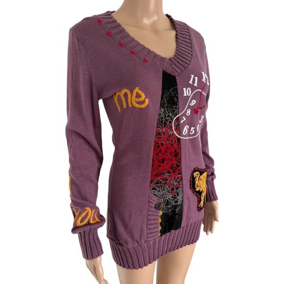 Y2K Euro Wool Blend Sweater Dress S/M Artsy Embroidered Graphic Patch Grunge - Picture 2 of 11